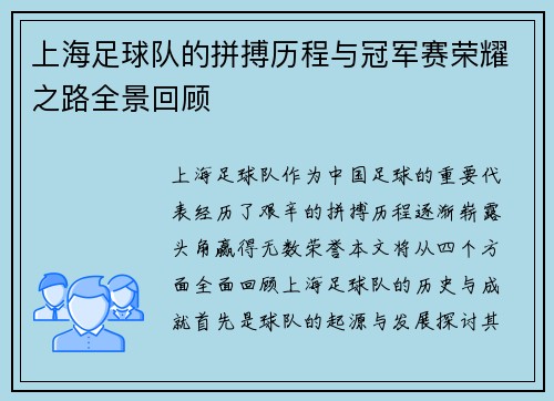 上海足球队的拼搏历程与冠军赛荣耀之路全景回顾