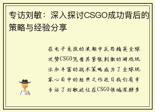 专访刘敏：深入探讨CSGO成功背后的策略与经验分享